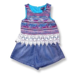 Limited Too Boho Crochet Denim Romper Sleeveless Split Back Summer Girls Size 4